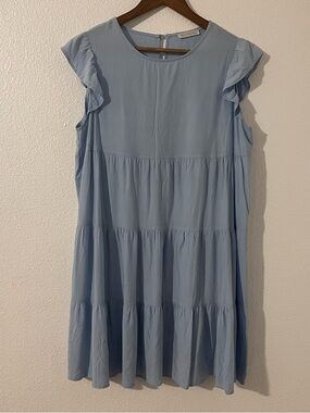 KIRUNDO Women’s Blue Dress Cap Ruffle Sleeves Round Neck Mini Dress Size Medium